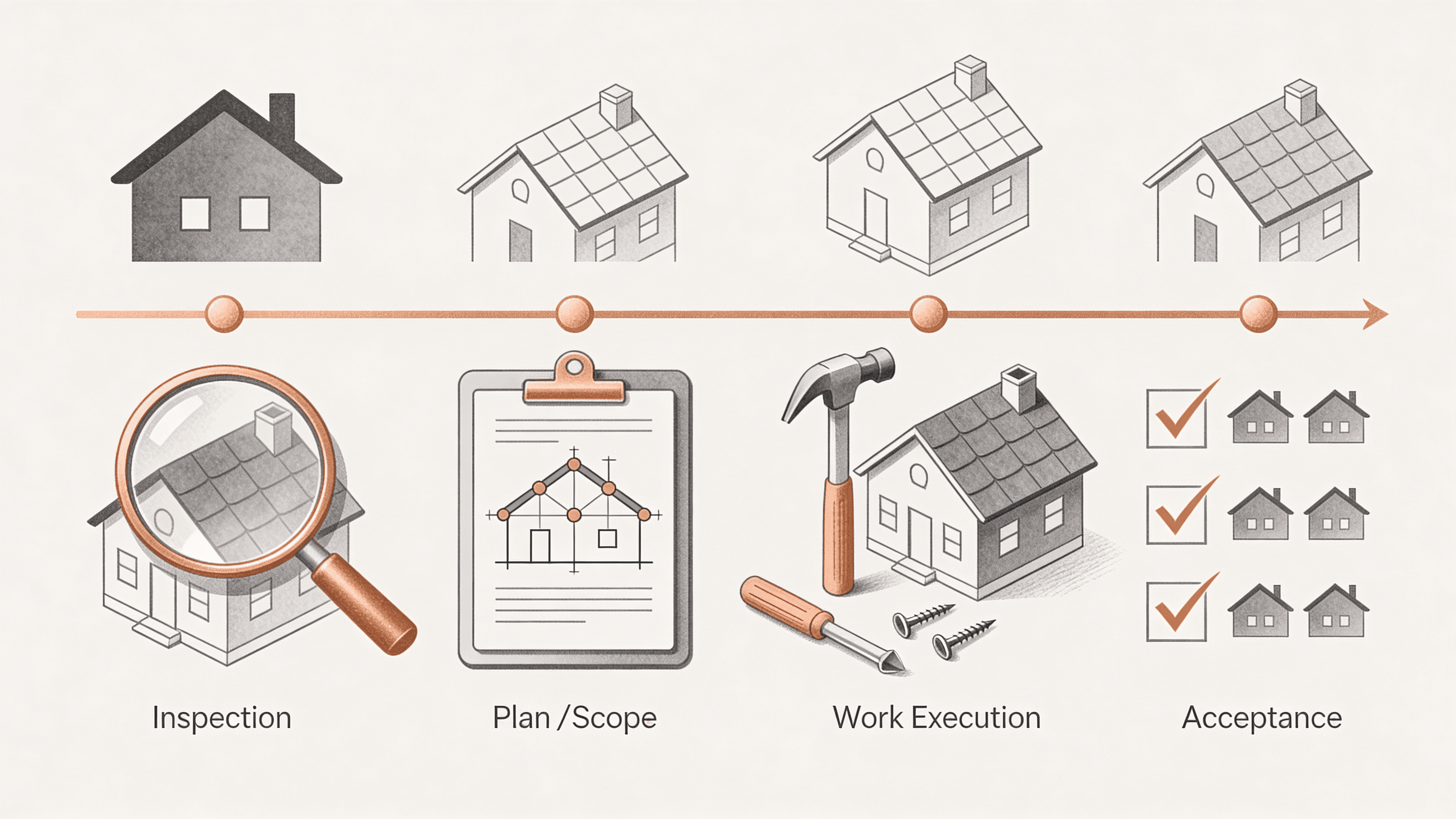 Порядок работ по кровле: осмотр, план, работы, приёмка